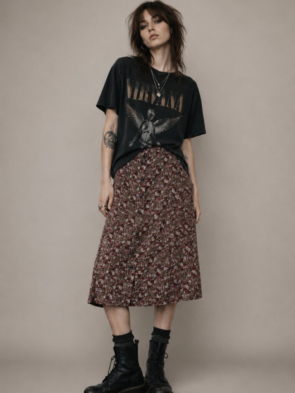Christopher & Banks Red Floral Button Midi Skirt Fairy Grunge Dark Modest 8